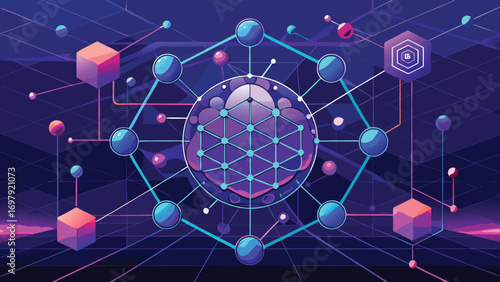 Abstract illustration of interconnected network structures depicting futuristic technologies and data visualization concepts