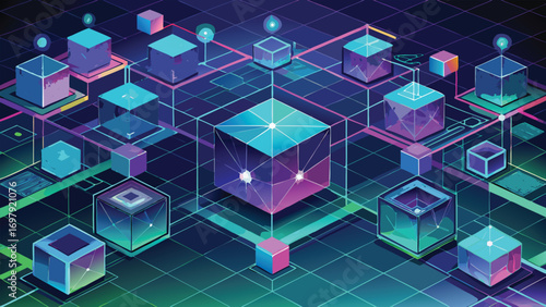 Abstract illustration of data cubes and network connections rendered with a futuristic isometric perspective
