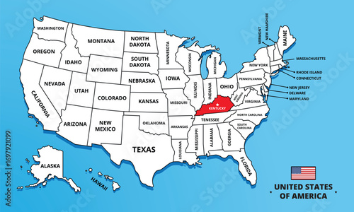 Kentucky State, USA. Highlighted map on Kentucky. Editable blank vector map of USA