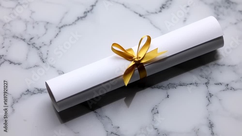 Diploma Scroll Tied with Golden Ribbon on Marble Background.