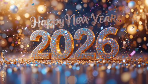 Sparkling happy new year 2026 with bokeh and confetti