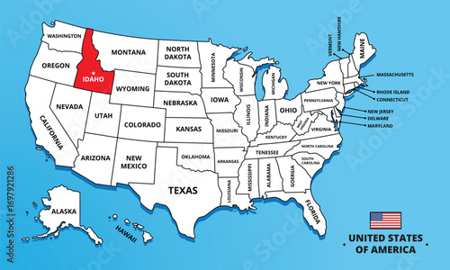 Idaho State, USA. Highlighted map on Idaho. Editable blank vector map of USA