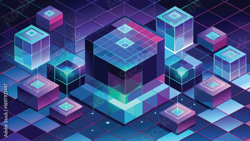 Abstract isometric illustration of futuristic digital cubes with glowing elements and a technological aesthetic suitable for design needs.