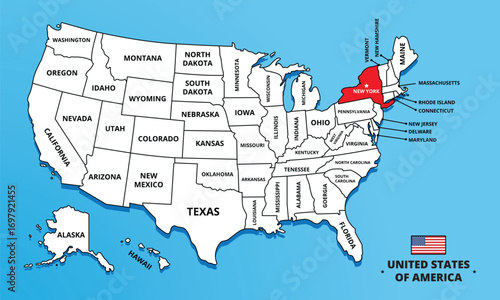 New York State, USA. Highlighted map on New York. Editable blank vector map of USA