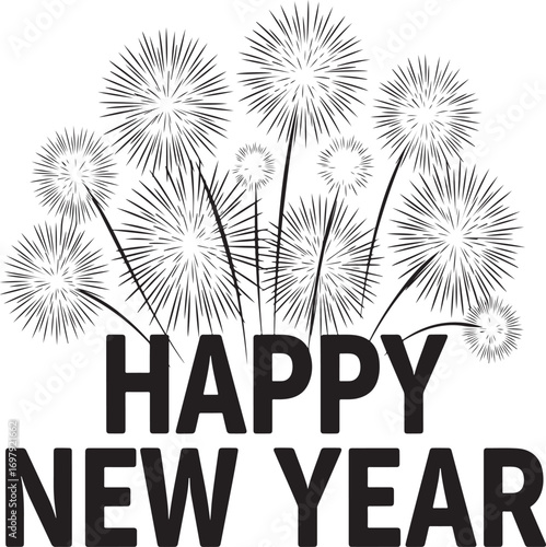 Happy New Year text with large firework display graphic celebration