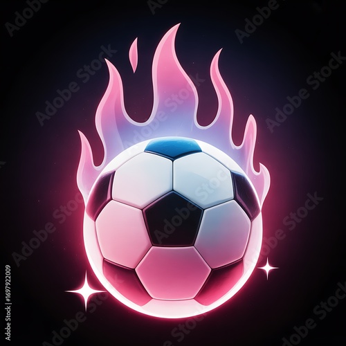 Flaming Soccer Ball Illustration with Pink and White Color Scheme on Dark Background Digital Art