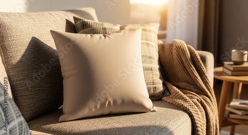 Cozy Living Room Scene With Textured Cushions And A Warm Knitted Blanket Draped Over A Sofa