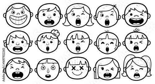 A whimsical collection of black-and-white line art showcases a variety of exaggerated and playful expressions on cartoon children's faces. Adobe Illustrator Artwork.