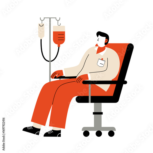 Man sitting in hospital chair while receiving IV treatment  