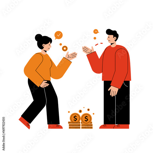 Couple arguing over finances while standing by money stacks  