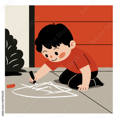 Young boy drawing with chalk on driveway near garage door  
