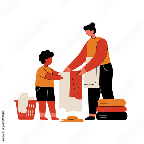 Child folding laundry with parent and organizing clothes together  
