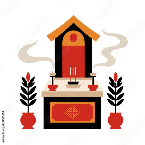 Funeral altar with incense smoke and decorative plants  