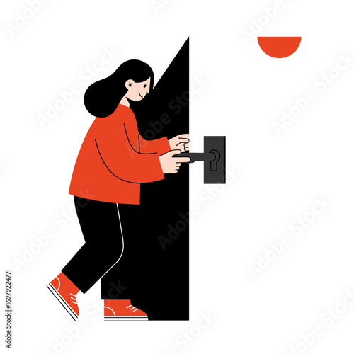 Young girl trying to unlock door with key in modern style  