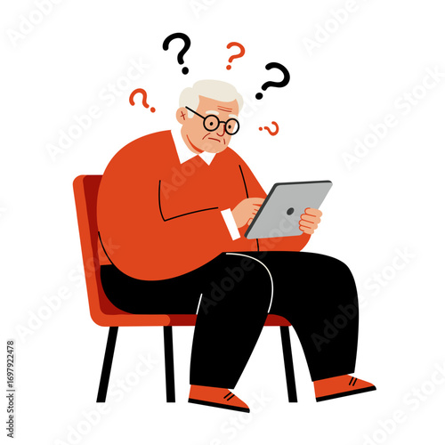 Elderly man looking confused while using tablet in a chair  