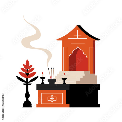 Funeral altar with incense smoke and decorative plants  