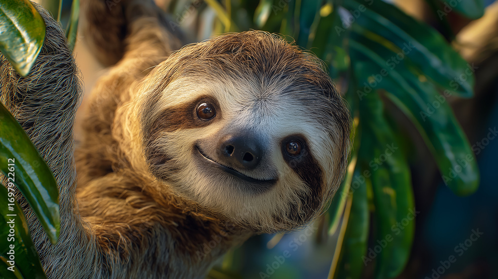 Fototapeta premium Smiling Sloth Portrait in Jungle Canopy with Lush Green Foliage Sunlight