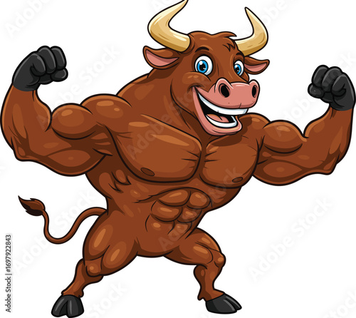 Strong muscular cartoon bull flexing arms with big smile, powerful mascot animal character illustration for fitness, strength, and sports.