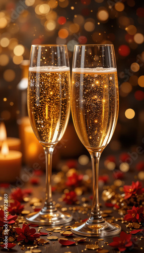 Two glasses of champagne with bokeh lights and confetti celebrating a special occasion