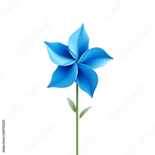 Bright blue pinwheel spinning gently under sunlight in a garden setting during a clear day. PNG image, transparent background