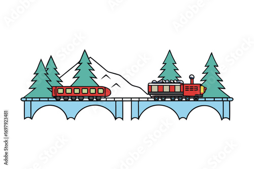 Steam train crossing snowy bridge, frozen river below, pine forest background, winter travel vector illustration