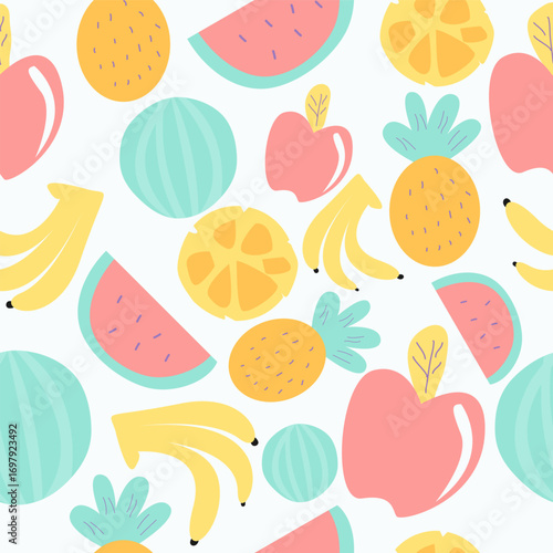 Pastel Tropical Fruit Seamless Pattern: Cheerful Summer Design,  Vibrant White Background