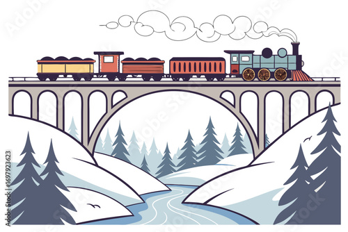 Steam train crossing snowy bridge,  winter travel vector illustration