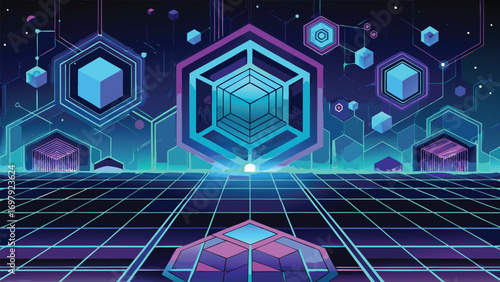 Futuristic digital landscape with glowing hexagons and cubes suitable for technology and design concepts with transparent background.