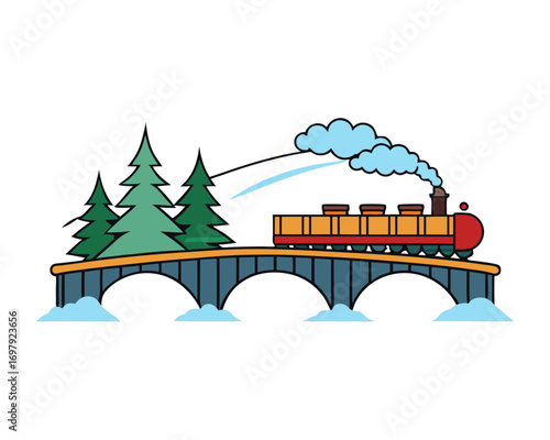 Steam train crossing snowy bridge,  winter travel vector illustration