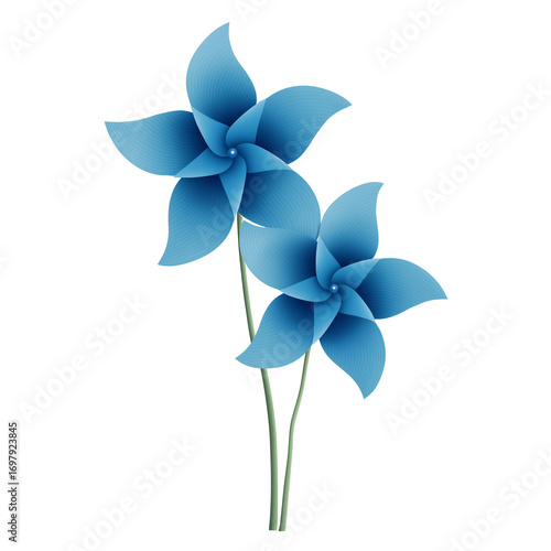 Bright blue pinwheels gently spin in a garden during a sunny afternoon. PNG image, transparent background