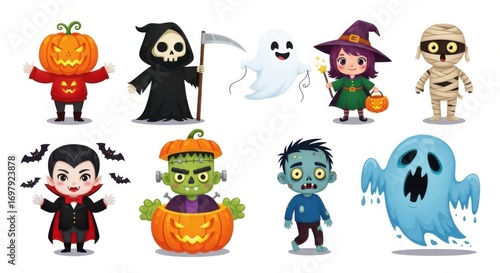 Collection of cute cartoon halloween characters isolated on white background