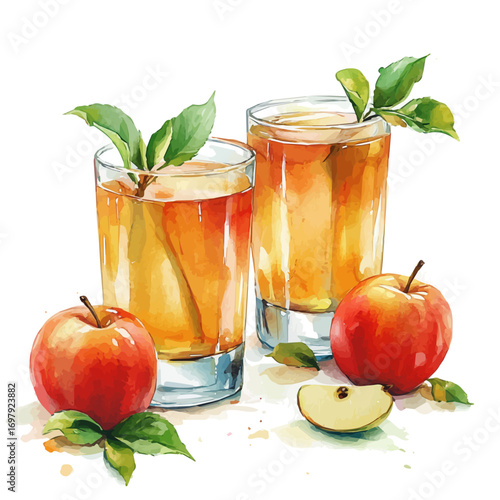 Apple Juice, watercolor painting vector, isolated on a white background.