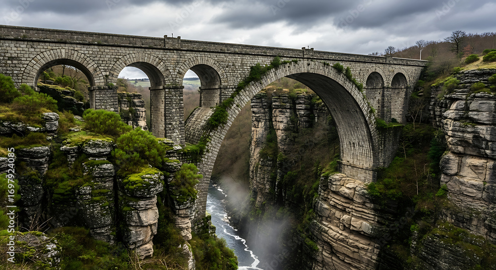 Fototapeta premium Vector illustration of ancient stone aqueduct bridge with multiple arches spanning a deep gorge with a river below