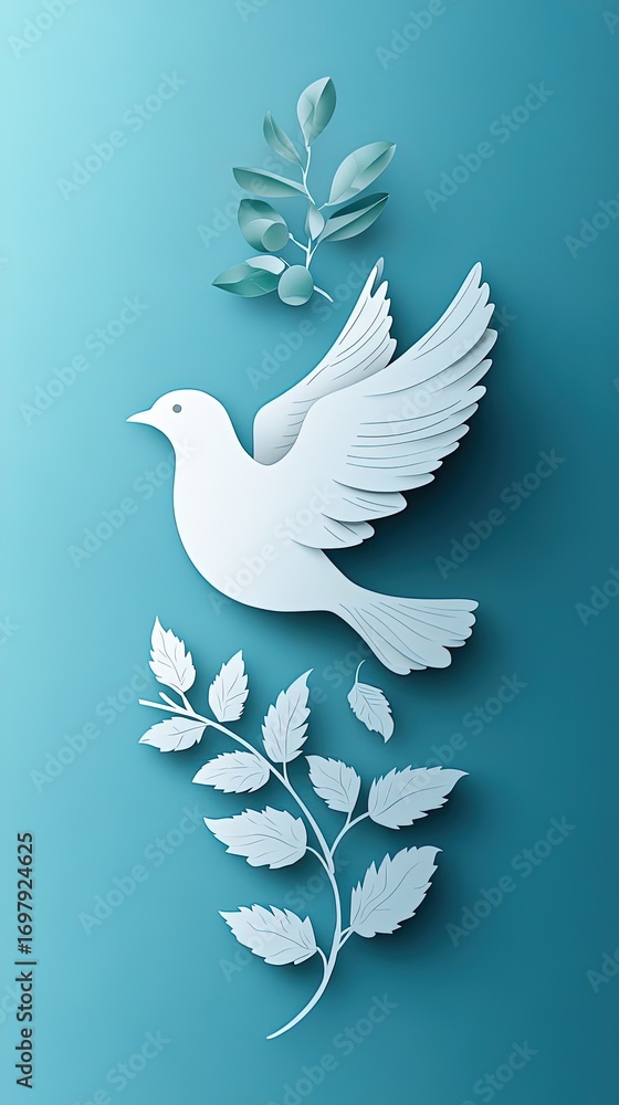 Obraz premium Simple paper cut dove with olive leaf in beak, light blue and white color palette, vector style illustration, peace symbol