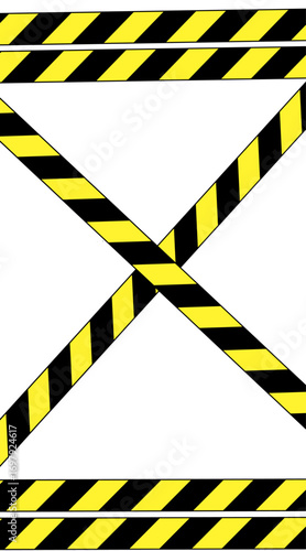 A large X is formed by yellow and black striped caution tape. More of the tape runs horizontally along the top and bottom of the frame