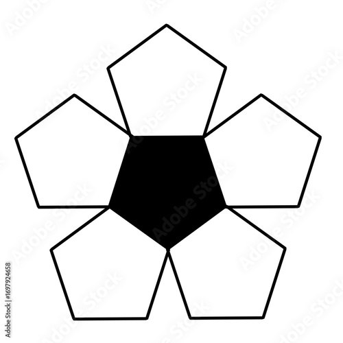 A geometric design featuring a central black pentagon surrounded by five white pentagons, forming a flower-like shape