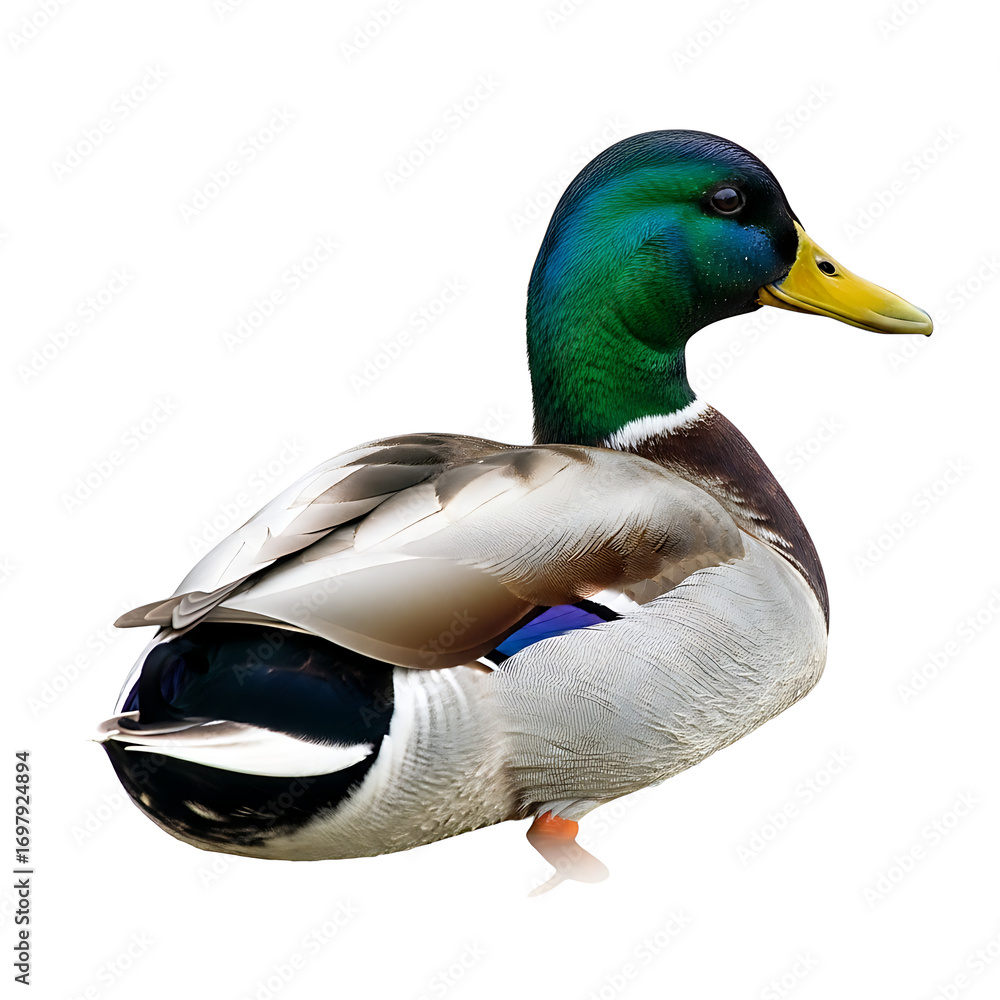 Obraz premium Male mallard duck with iridescent green head isolated on white background
