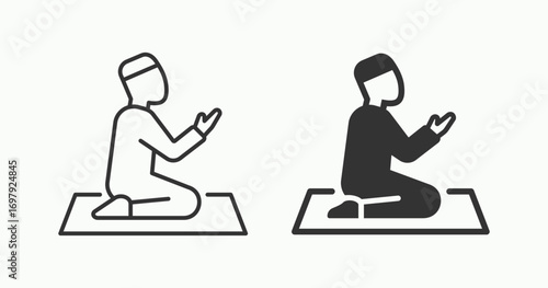 Muslim prayer icons collection, outline and glyph styles.