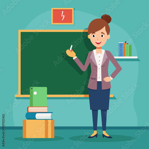 Smiling Female Teacher Writing on Chalkboard in Classroom, Vector Illustration, Education Concept