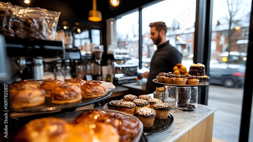 Male barista arranging fresh pastries and desserts on display counter in modern coffee shop with warm lighting and street view through large windows.