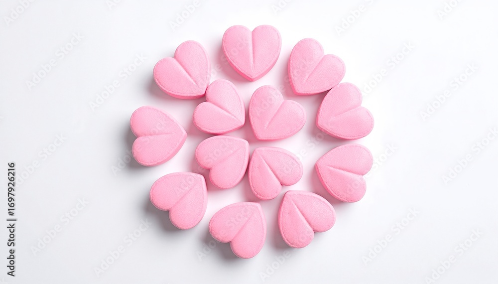 Obraz premium A cluster of vibrant pink pills scattered on a clean white background, showcasing their smooth, glossy surfaces and varying shapes, creating a striking contrast.