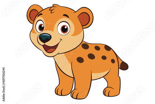 Smiling Hyena Pup with Brown Spots Cartoon on White Background