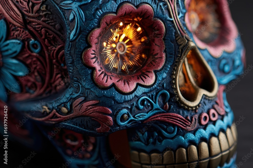 Naklejka premium Detailed close-up of a decorative skull, adorned with intricate floral patterns in vibrant blues, pinks, and golds, highlighting the intricate details and glowing eye.