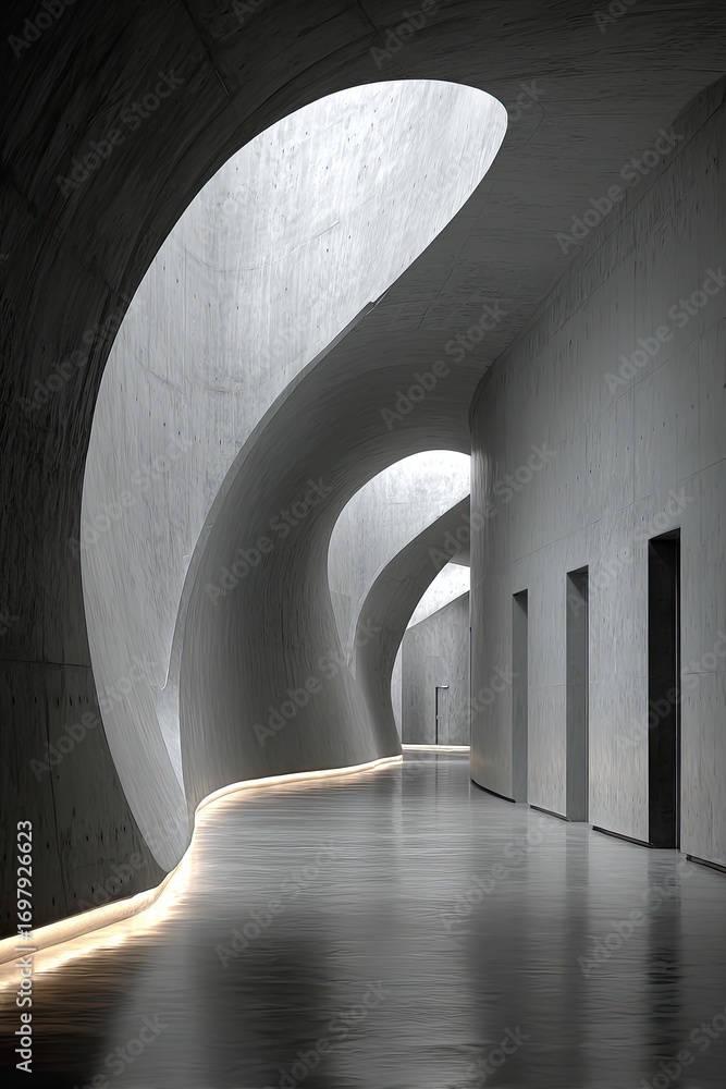 Obraz premium modern curved architecture with empty cement floor, minimalist appearance,