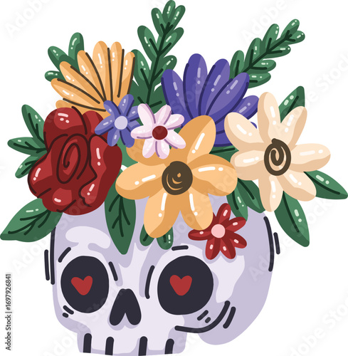 Skull with Floral Crown Dia de los Muertos Illustration