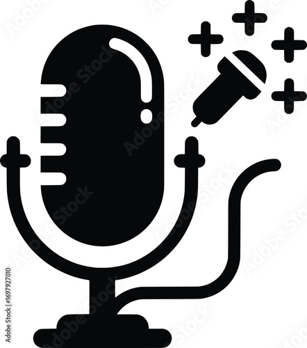 Dynamic Startup Event Featuring a Black Silhouette Microphone Vector Design in a Creative Workspace for Innovative Entrepreneurs and Business Ideas