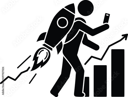 Entrepreneur Launching Rocket Growth with Smartphone in Dynamic Business Environment - Vector Illustration of Innovation and Success