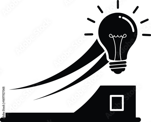 Innovative Light Bulb Concept Launching from a Stapler, Vector Illustration, Creative Workspace, Futuristic Environment, Dynamic Viewpoint