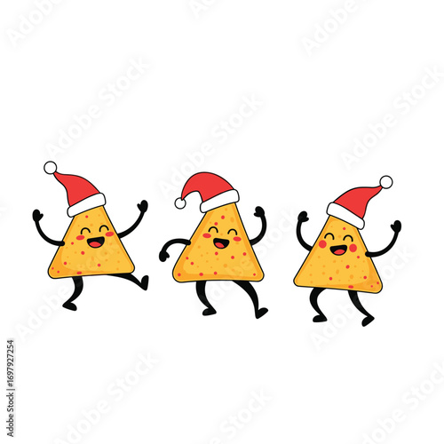 Three festive nacho chips wearing santa hats dancing happily together celebrating the holidays