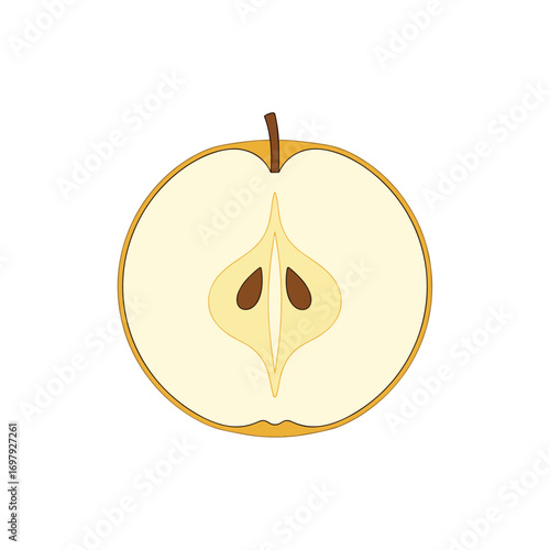 Juicy cross-section of a fresh yellow pear revealing its delicate core with dark brown seeds and light cream colored flesh